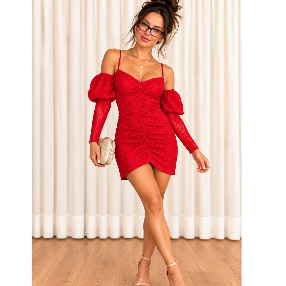 Lovers + Friends Sierra Strawberry Red Lace Puff Sleeve Mini Dress